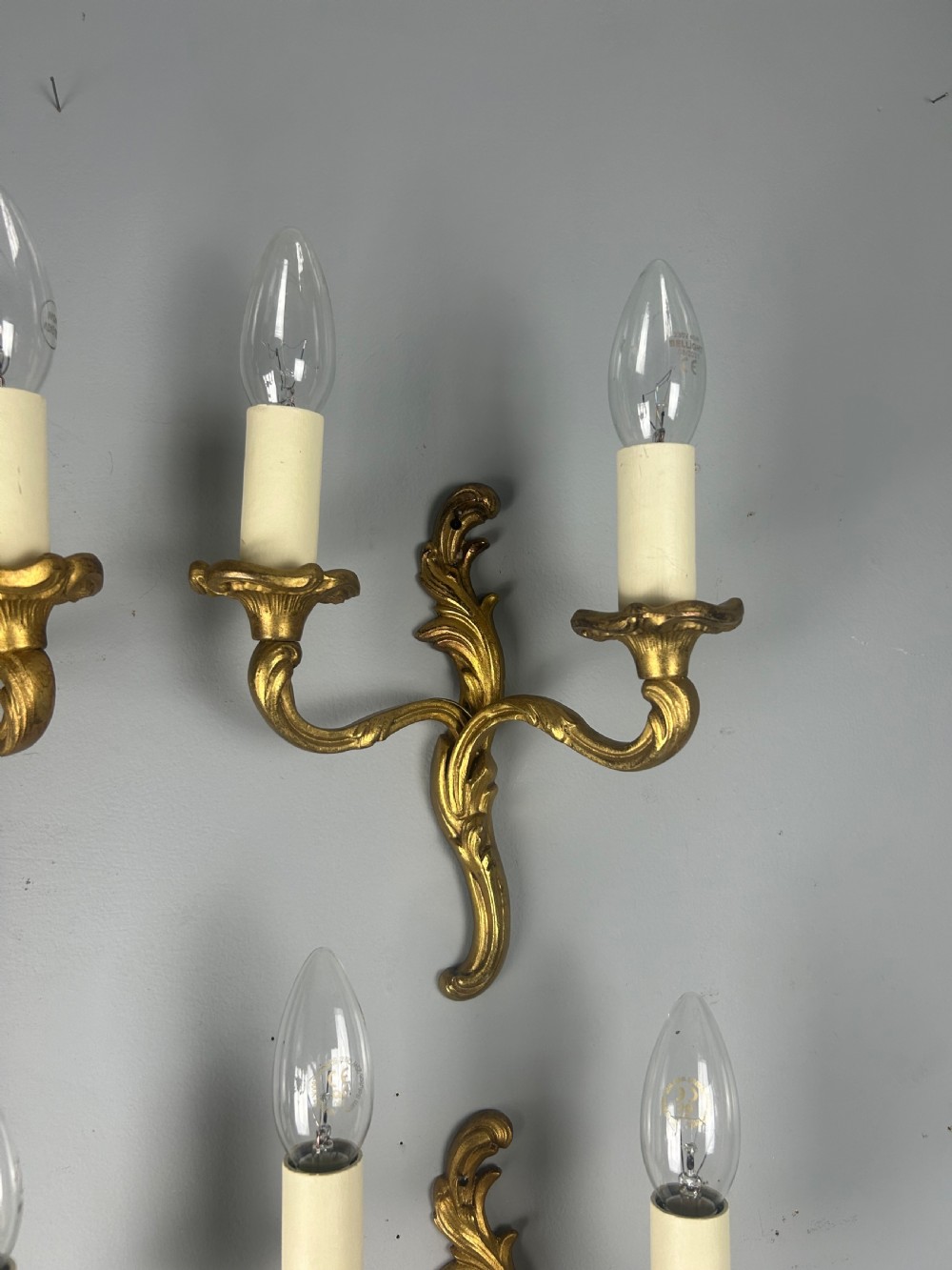 Set Of 4 Small French Gilt Brass Antique Wall Lights, Rewired View II