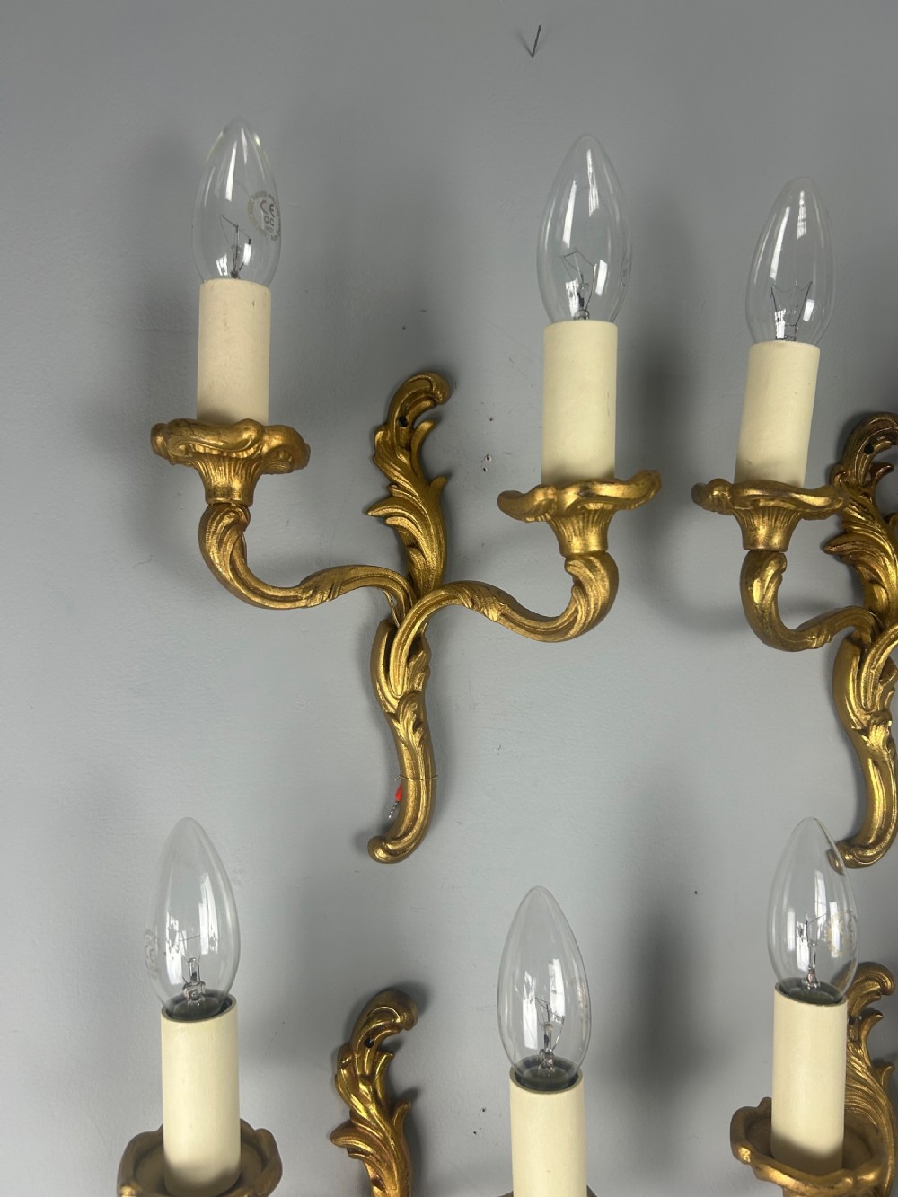 Set Of 4 Small French Gilt Brass Antique Wall Lights, Rewired View III