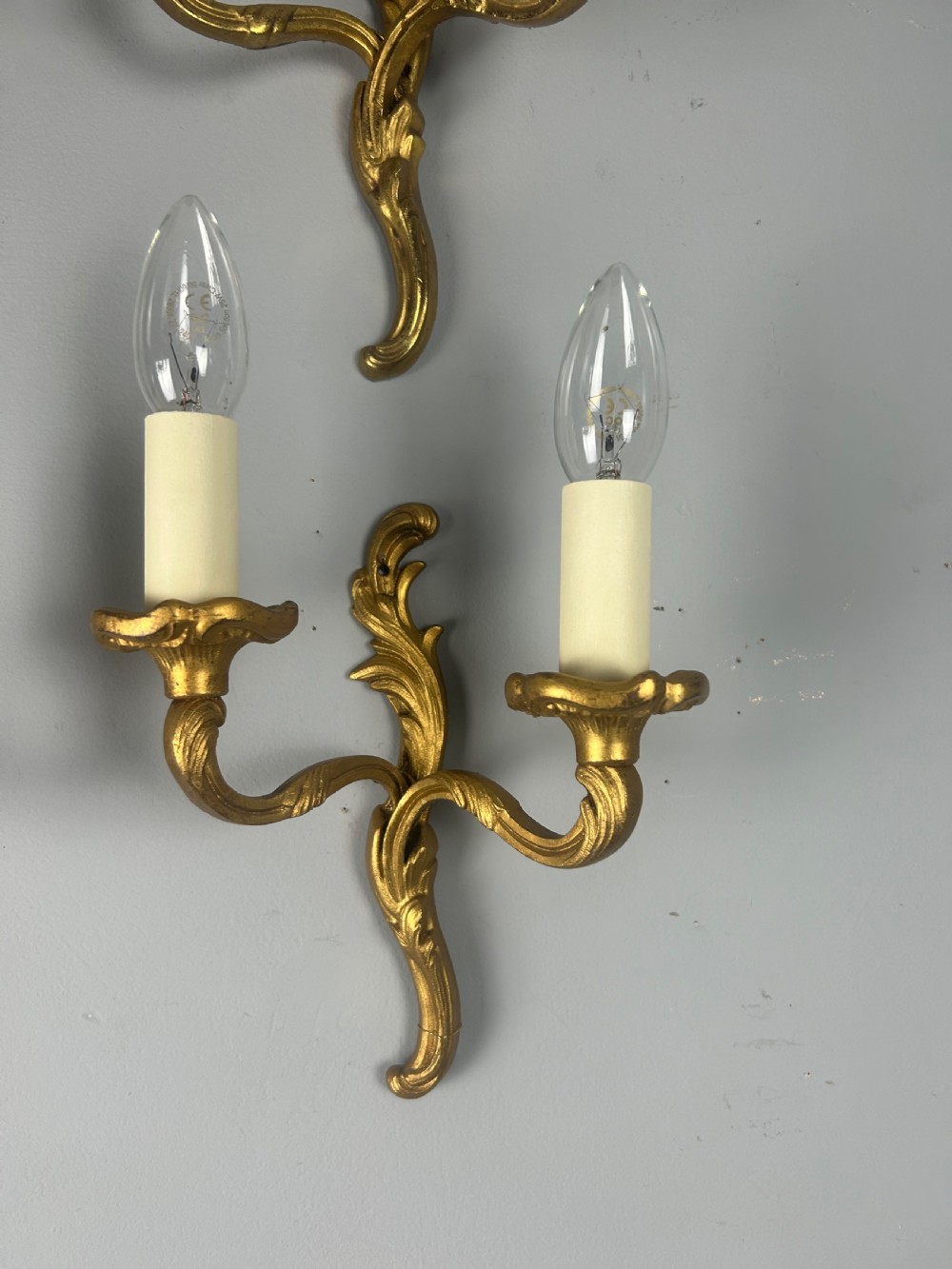 Set Of 4 Small French Gilt Brass Antique Wall Lights, Rewired View V