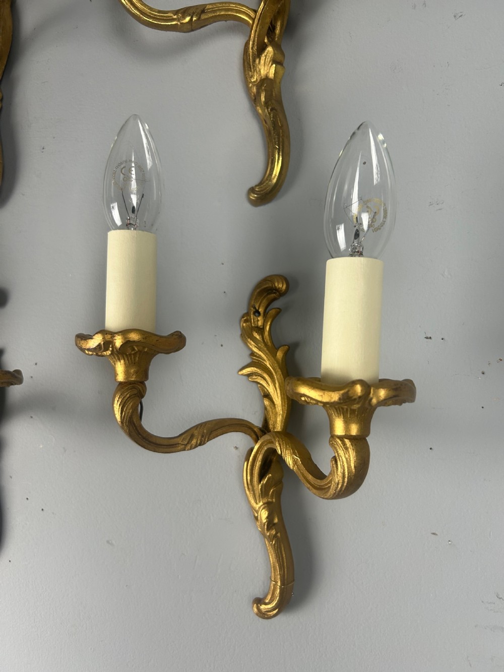 Set Of 4 Small French Gilt Brass Antique Wall Lights, Rewired View VI