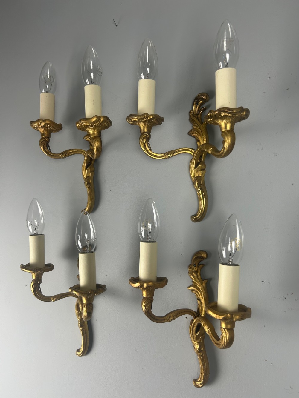 Set Of 4 Small French Gilt Brass Antique Wall Lights, Rewired View VII