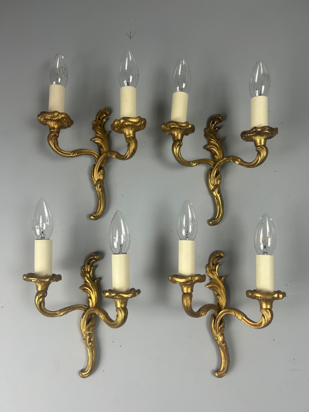 Set Of 4 Small French Gilt Brass Antique Wall Lights, Rewired View VIII