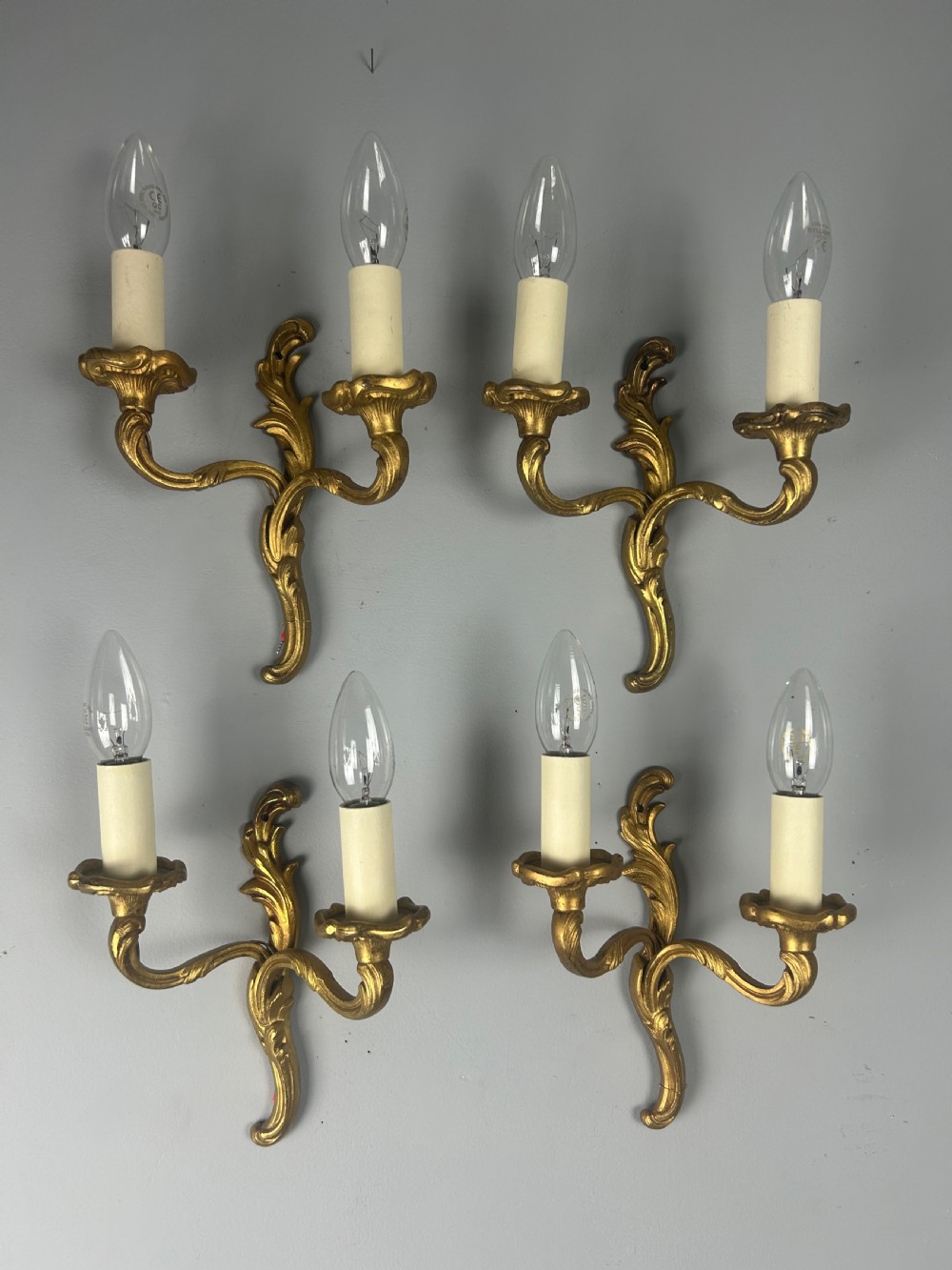 Set Of 4 Small French Gilt Brass Antique Wall Lights, Rewired View IX