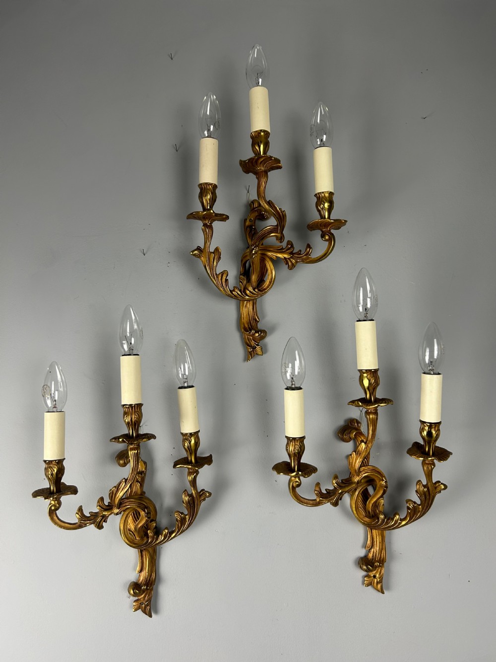 Set Of 3 French Gilded Triple Arm Antique Wall Lights