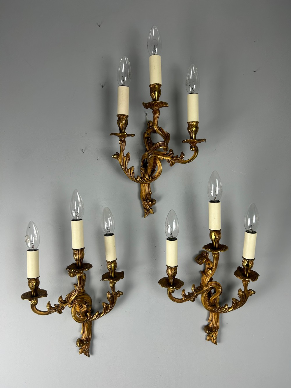 Set Of 3 French Gilded Triple Arm Antique Wall Lights View II