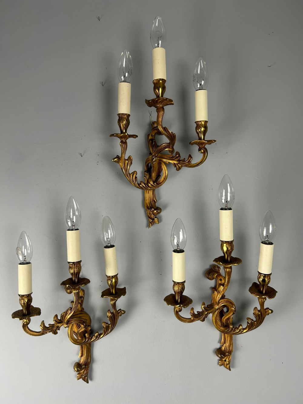 Set Of 3 French Gilded Triple Arm Antique Wall Lights View IV
