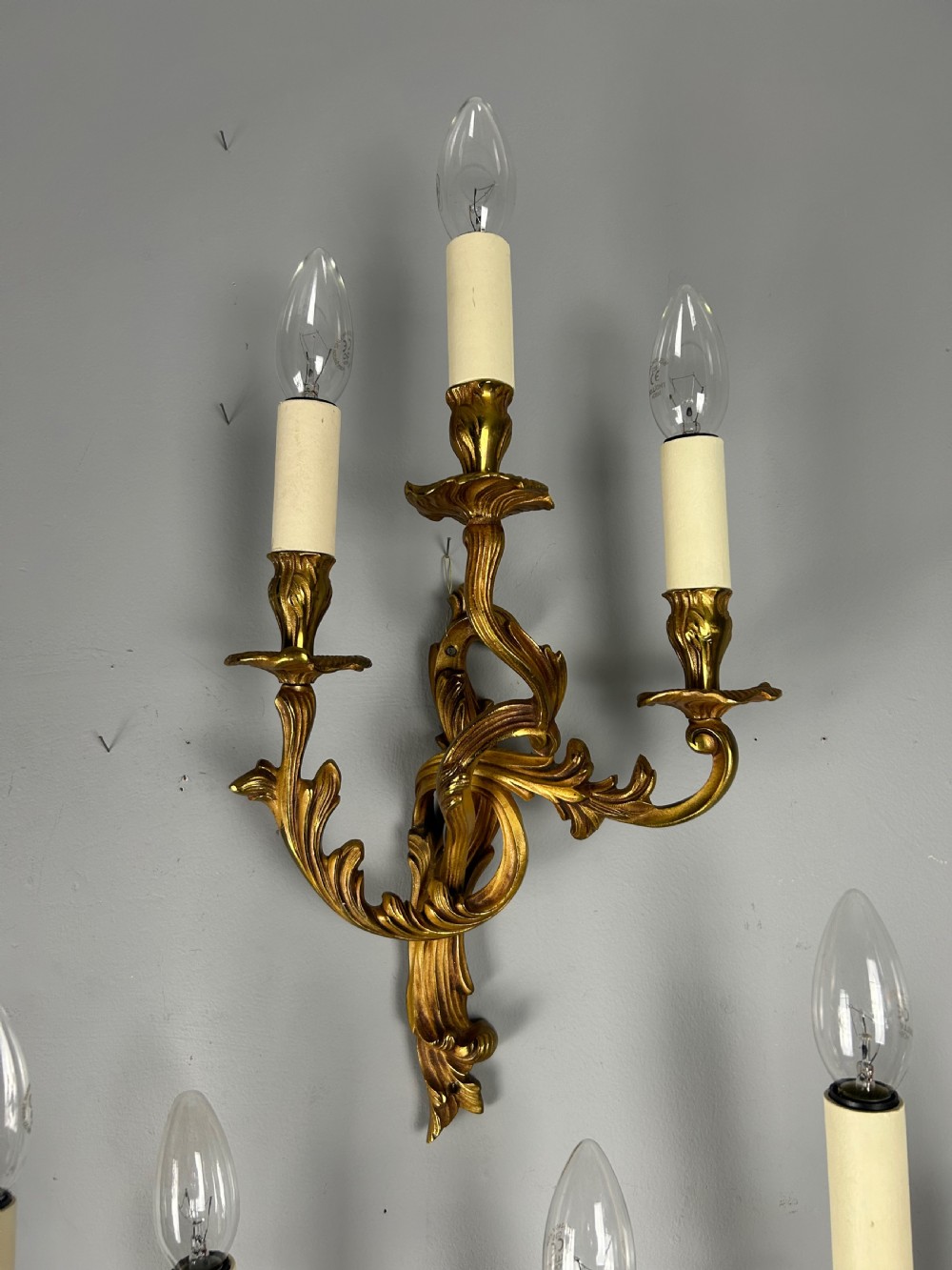 Set Of 3 French Gilded Triple Arm Antique Wall Lights View V