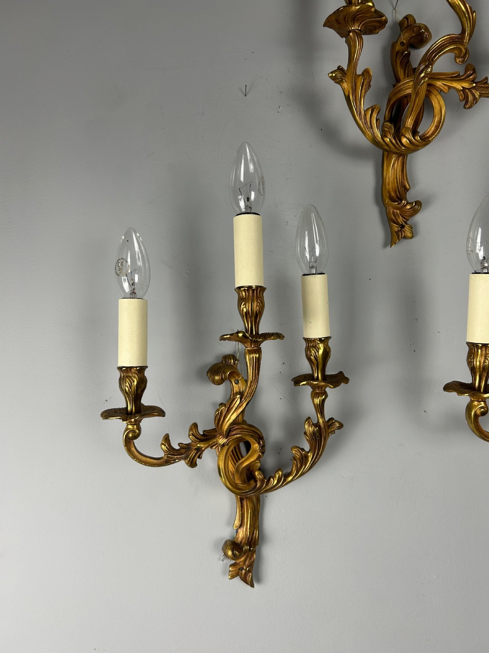 Set Of 3 French Gilded Triple Arm Antique Wall Lights View VI
