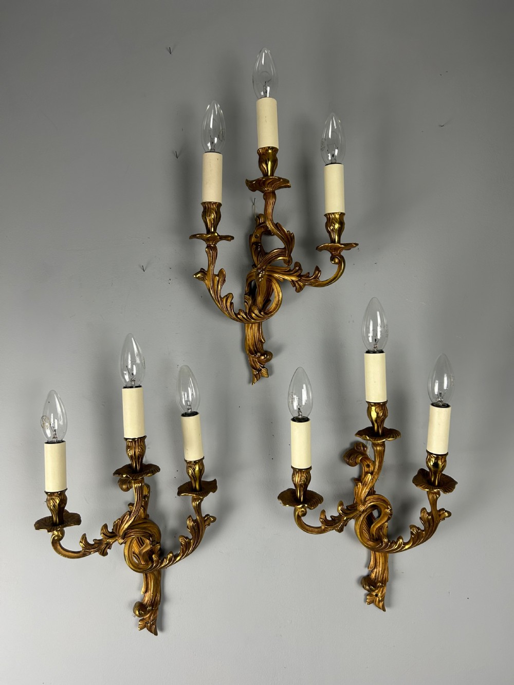 Set Of 3 French Gilded Triple Arm Antique Wall Lights View VIII