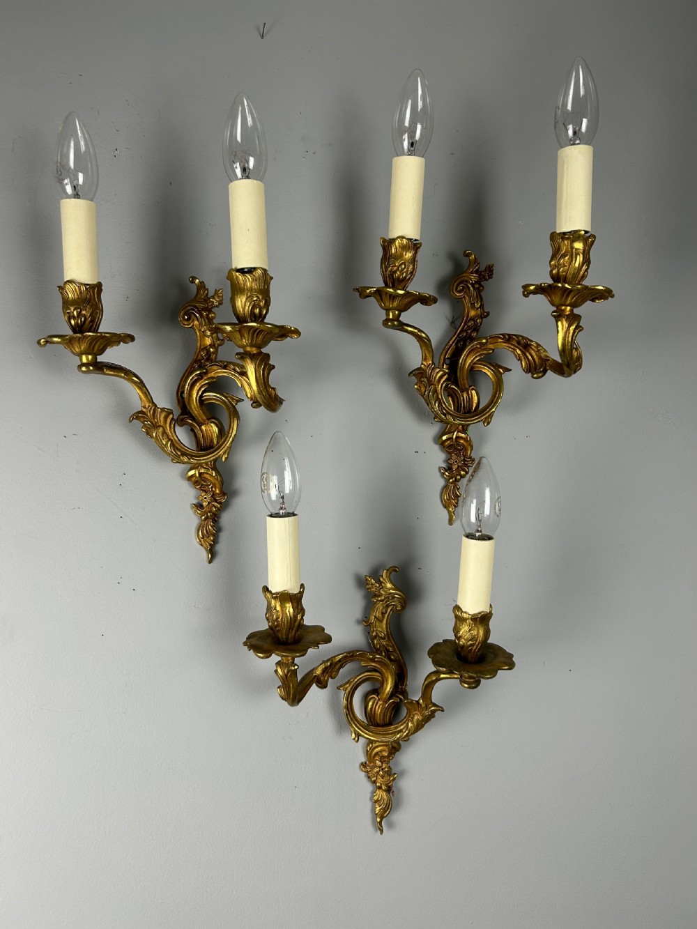 Set Of 3 Gilt French Antique Wall Lights, Rewired