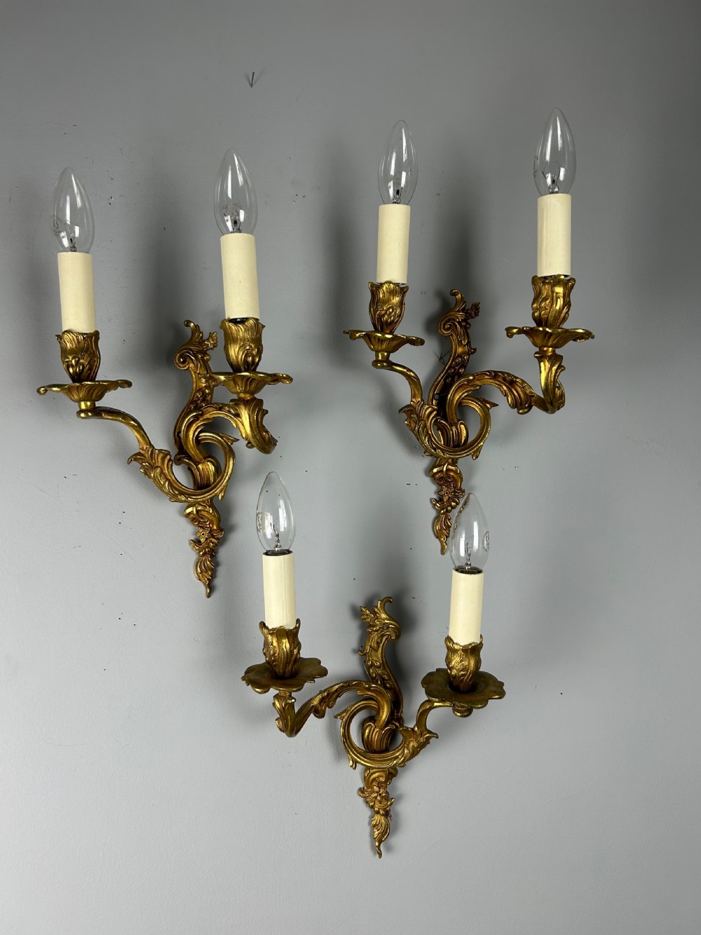 Set Of 3 Gilt French Antique Wall Lights, Rewired View II