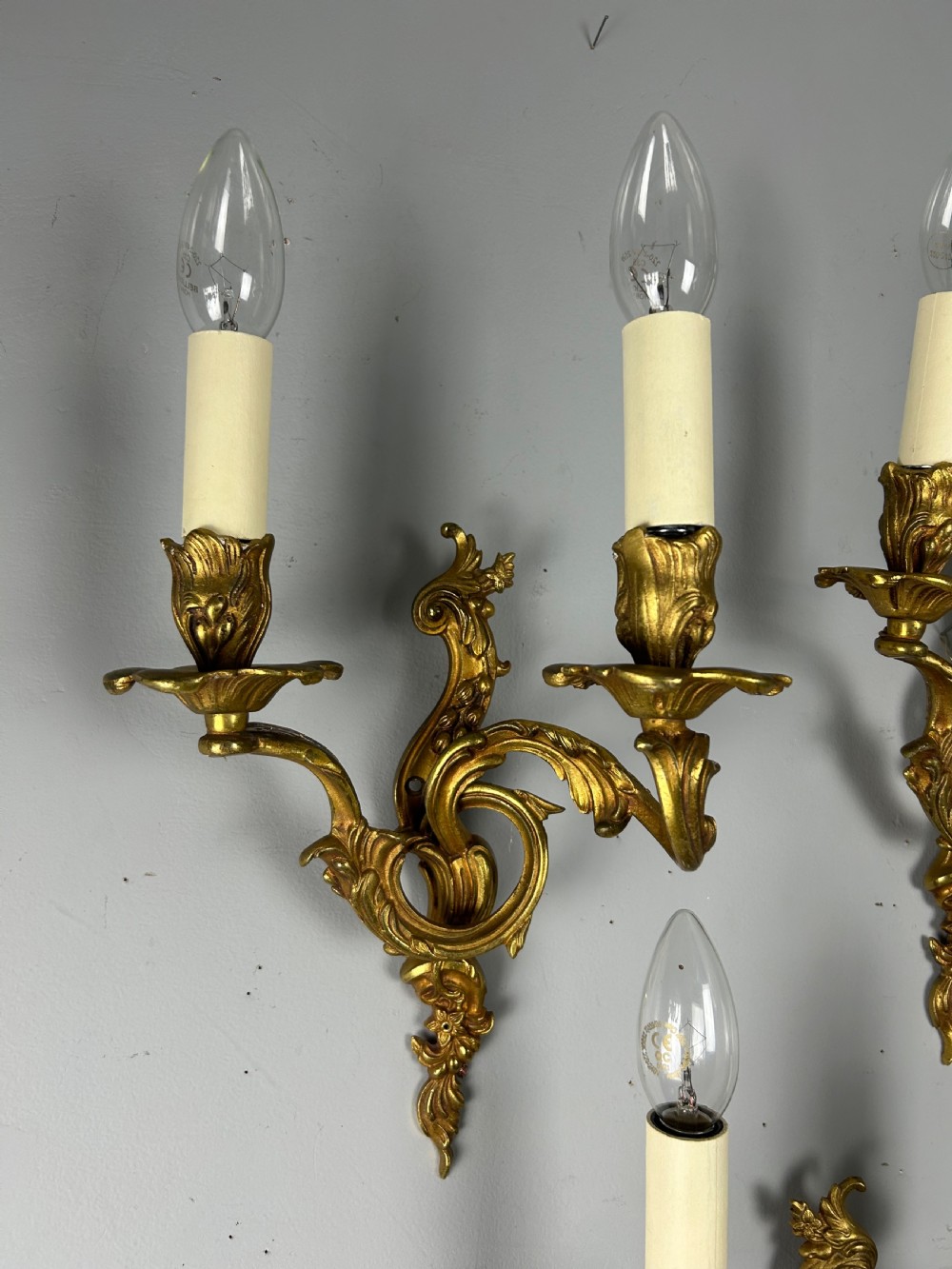 Set Of 3 Gilt French Antique Wall Lights, Rewired View V