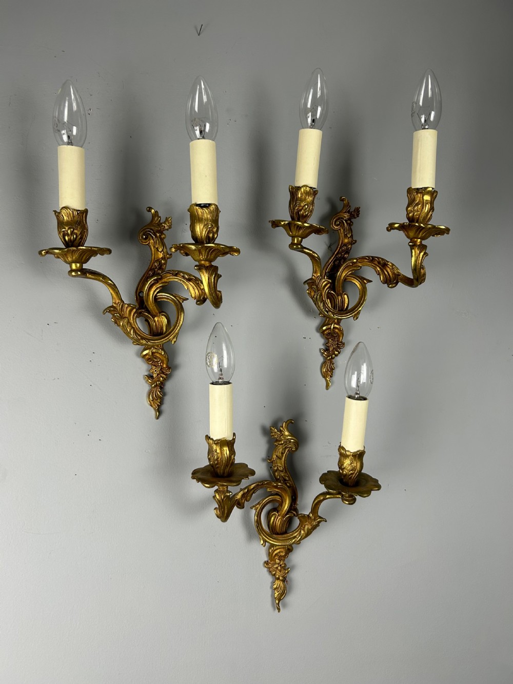Set Of 3 Gilt French Antique Wall Lights, Rewired View VI