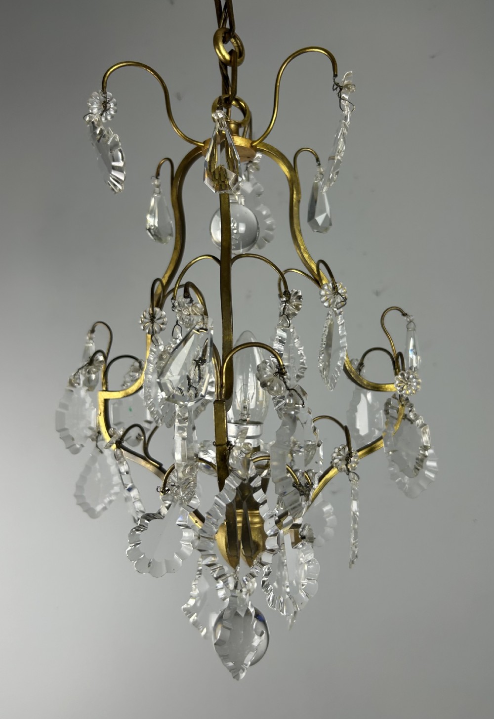 French Single Light Gilt Brass Crystal Antique Chandelier, Ceiling Light