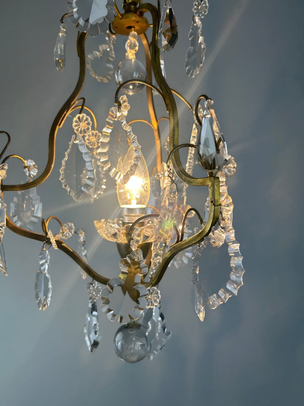 French Single Light Gilt Brass Crystal Antique Chandelier, Ceiling Light View II