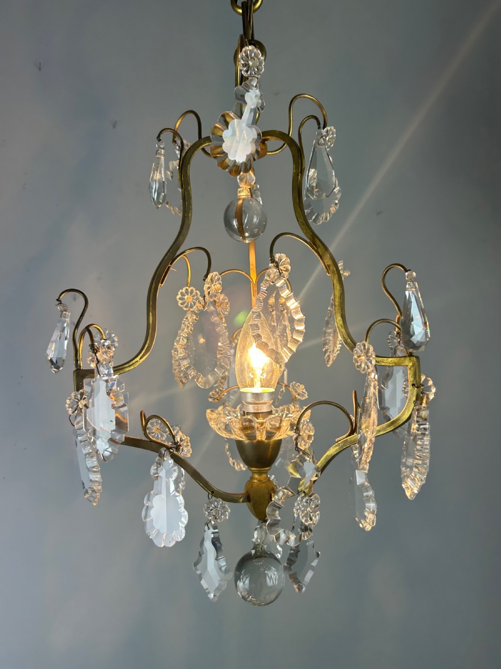 French Single Light Gilt Brass Crystal Antique Chandelier, Ceiling Light View III