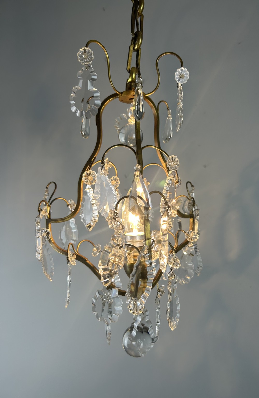 French Single Light Gilt Brass Crystal Antique Chandelier, Ceiling Light View IV
