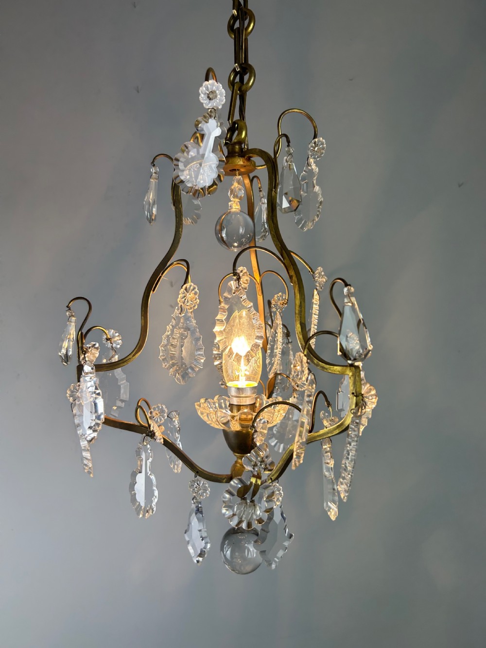 French Single Light Gilt Brass Crystal Antique Chandelier, Ceiling Light View V