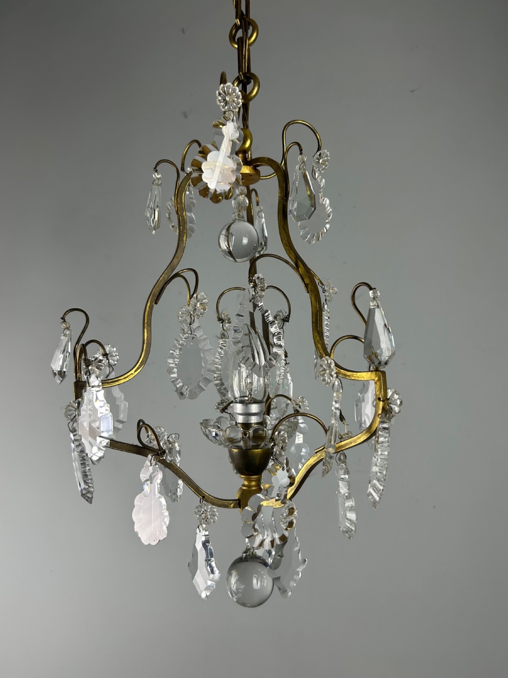 French Single Light Gilt Brass Crystal Antique Chandelier, Ceiling Light View VI