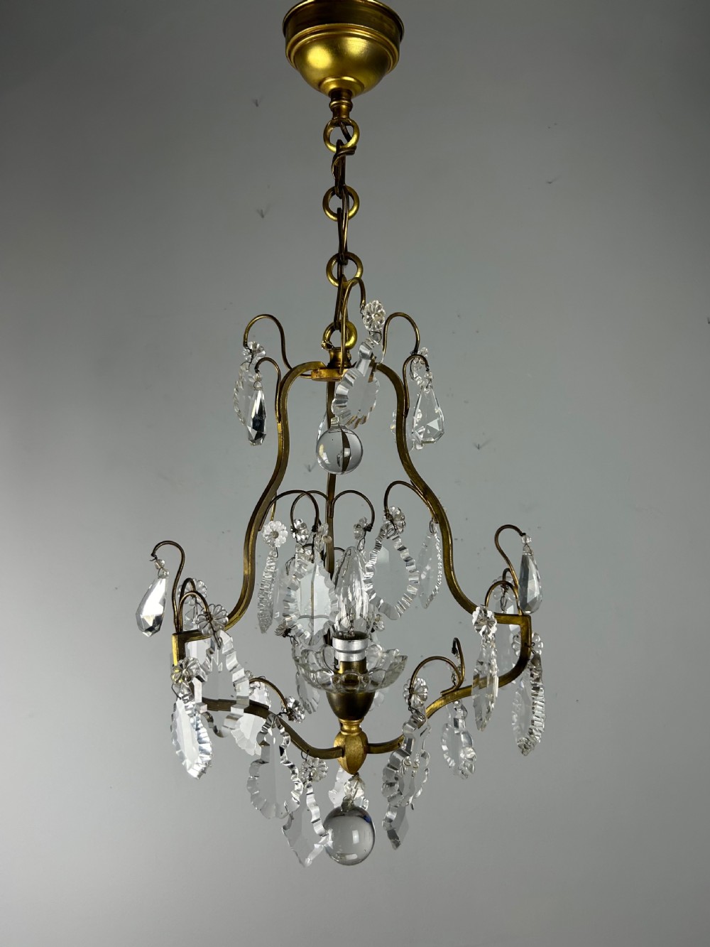 French Single Light Gilt Brass Crystal Antique Chandelier, Ceiling Light View VII