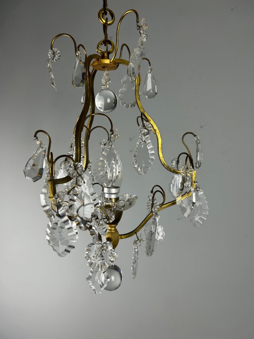 French Single Light Gilt Brass Crystal Antique Chandelier, Ceiling Light View VIII