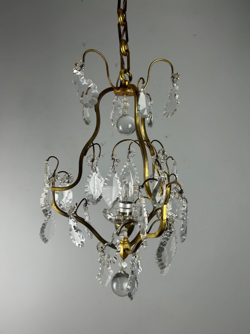 French Single Light Gilt Brass Crystal Antique Chandelier, Ceiling Light View IX