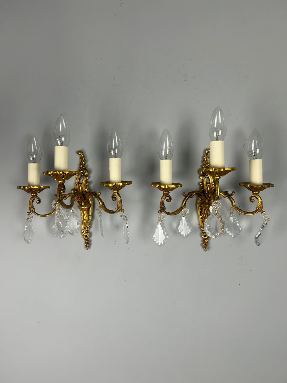 Pair Of French Triple Arm Brass Antique Wall Lights with Crystals 