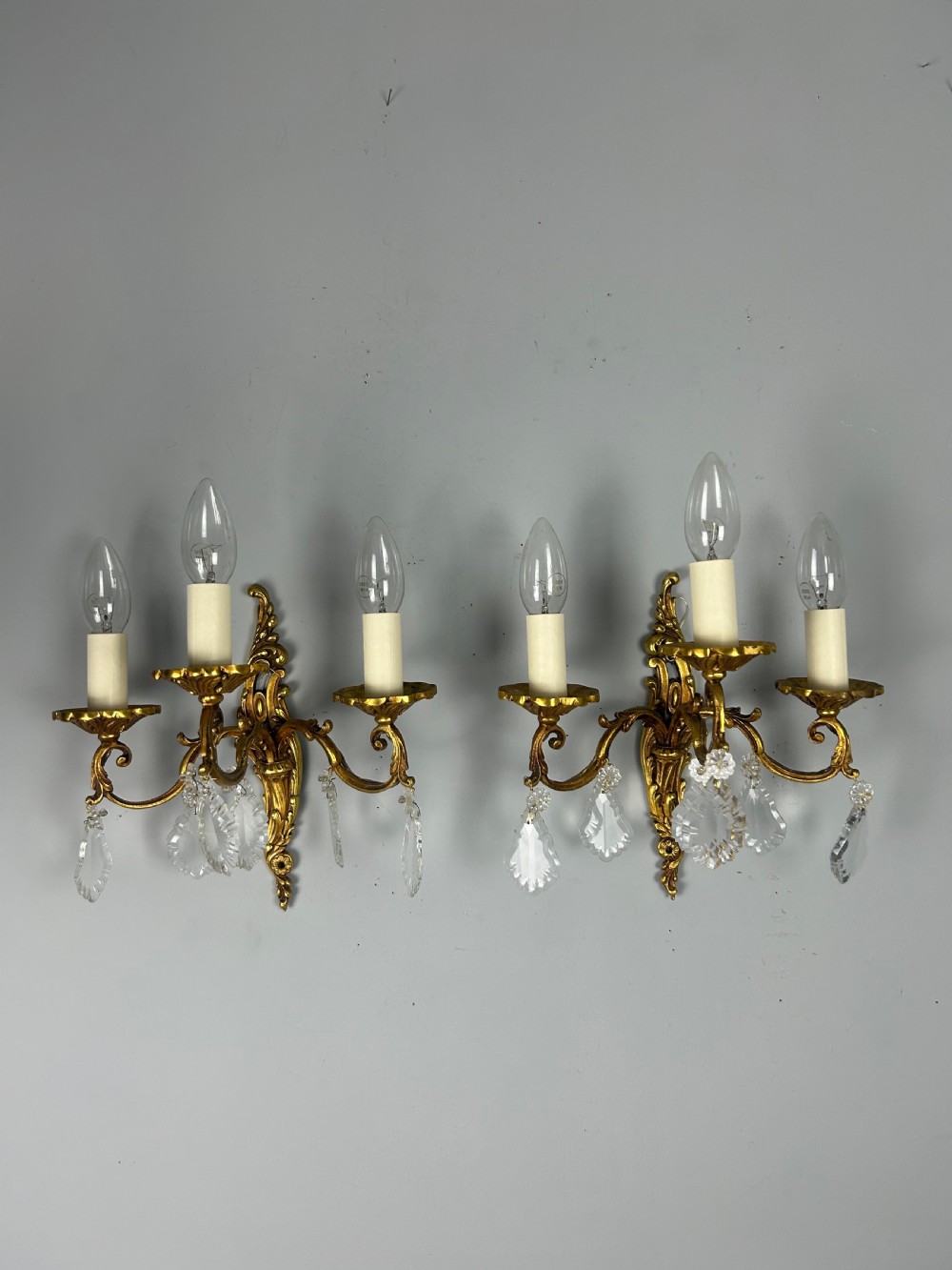 Pair Of French Triple Arm Brass Antique Wall Lights with Crystals  View II