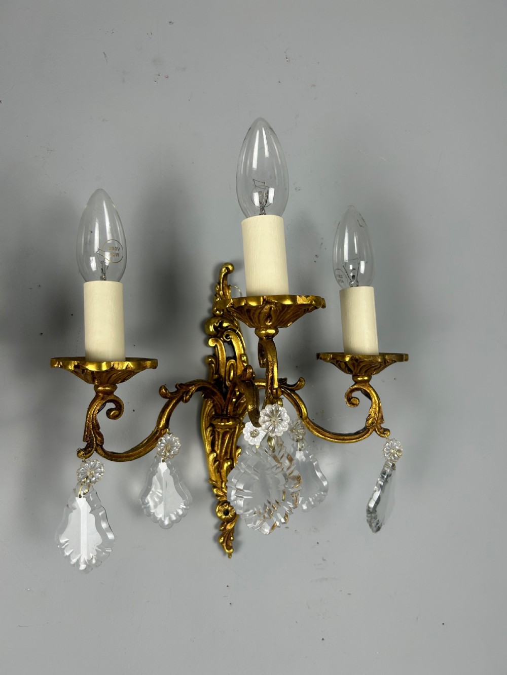 Pair Of French Triple Arm Brass Antique Wall Lights with Crystals  View III