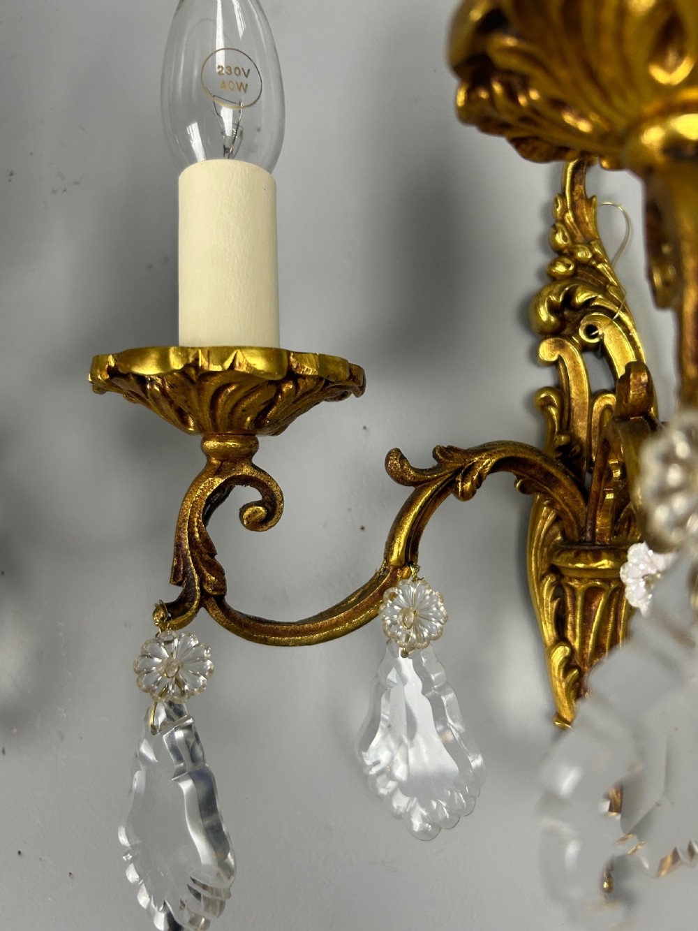 Pair Of French Triple Arm Brass Antique Wall Lights with Crystals  View IV