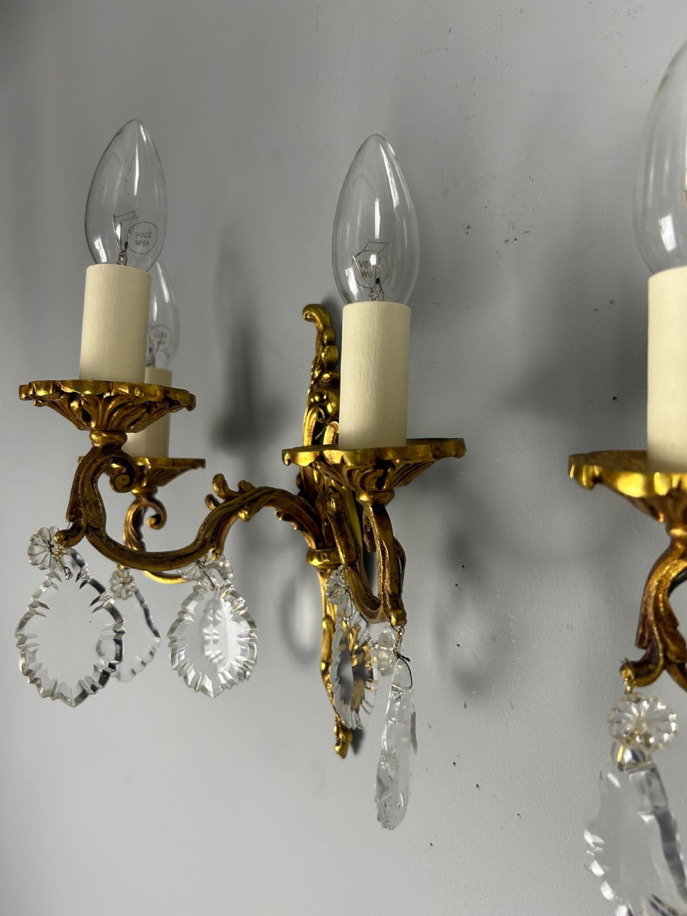 Pair Of French Triple Arm Brass Antique Wall Lights with Crystals  View V