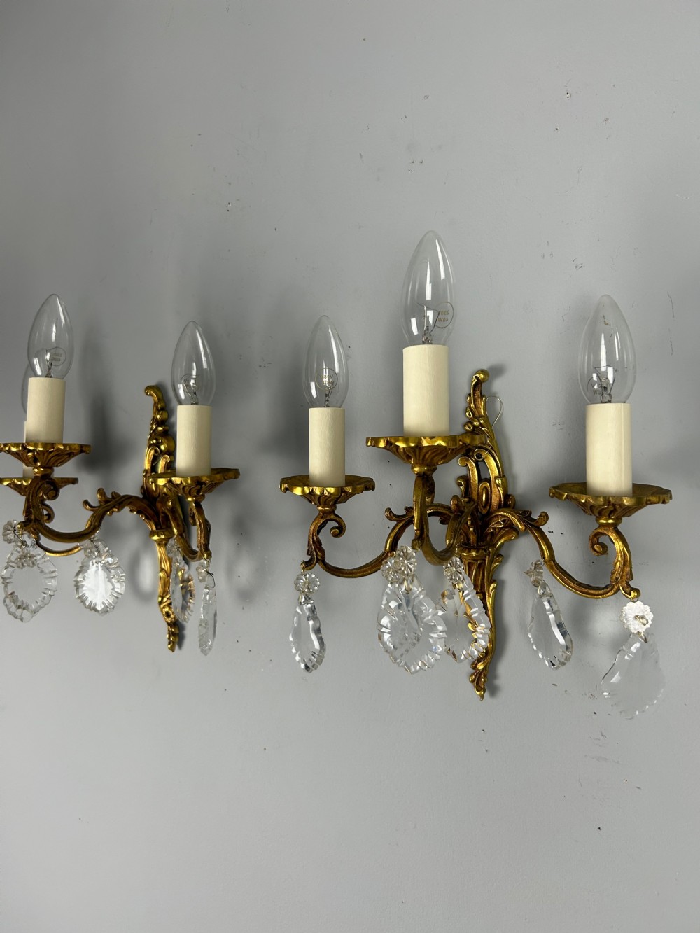 Pair Of French Triple Arm Brass Antique Wall Lights with Crystals  View VI