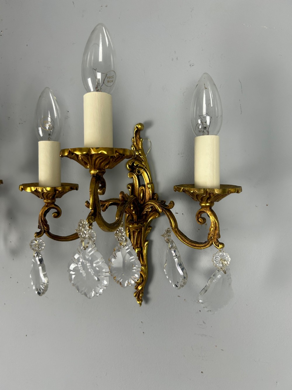 Pair Of French Triple Arm Brass Antique Wall Lights with Crystals  View VII