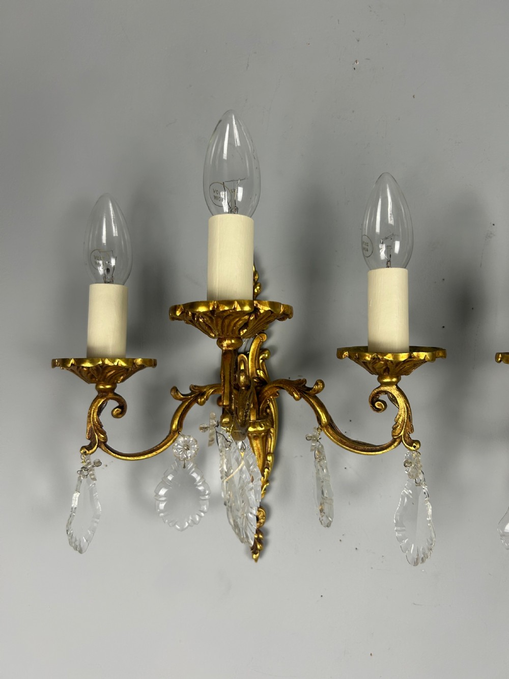 Pair Of French Triple Arm Brass Antique Wall Lights with Crystals  View VIII