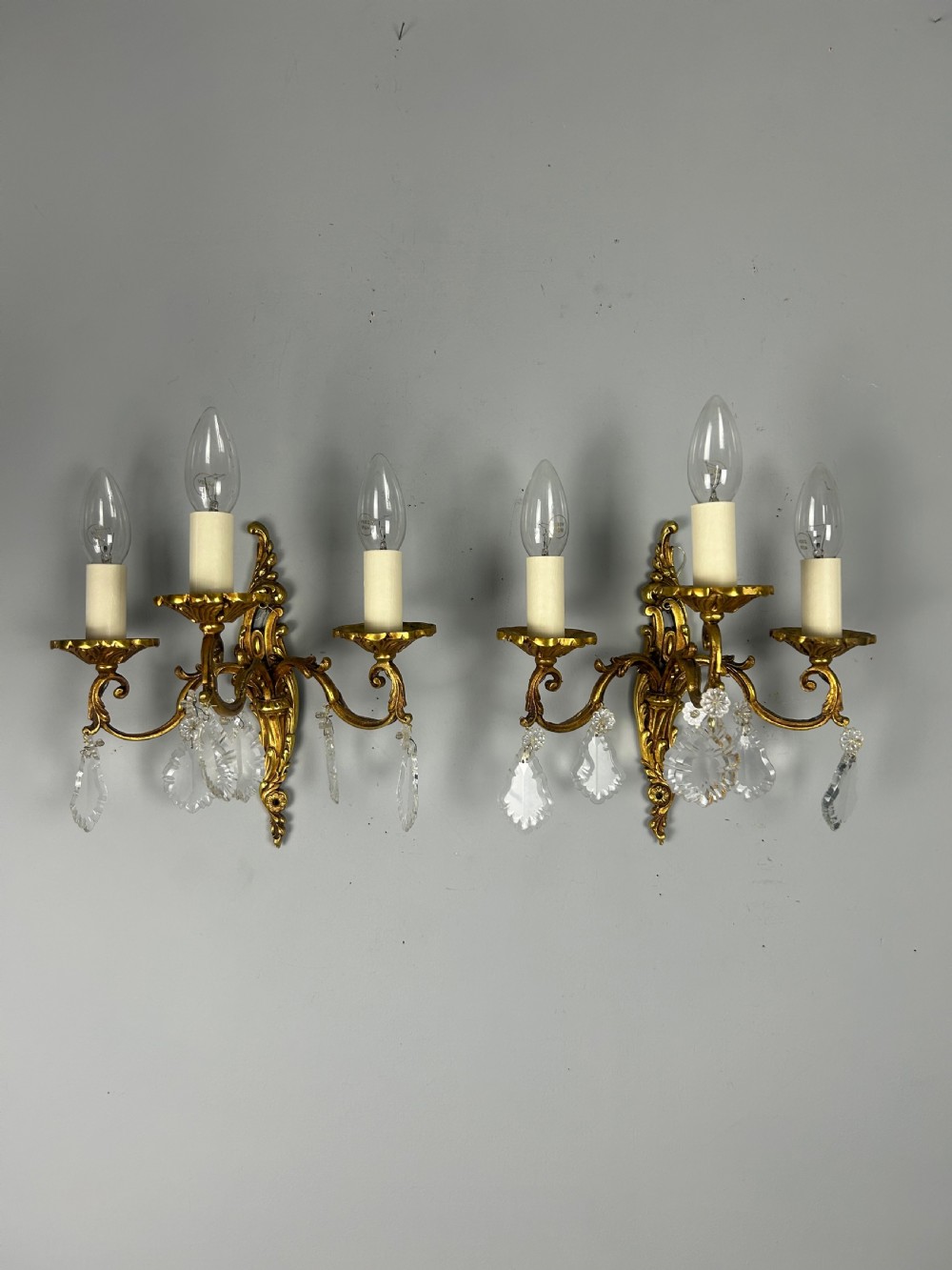 Pair Of French Triple Arm Brass Antique Wall Lights with Crystals  View IX