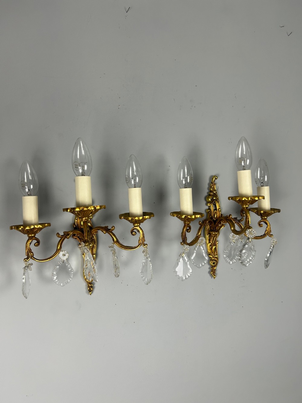 Pair Of French Triple Arm Brass Antique Wall Lights with Crystals  View X