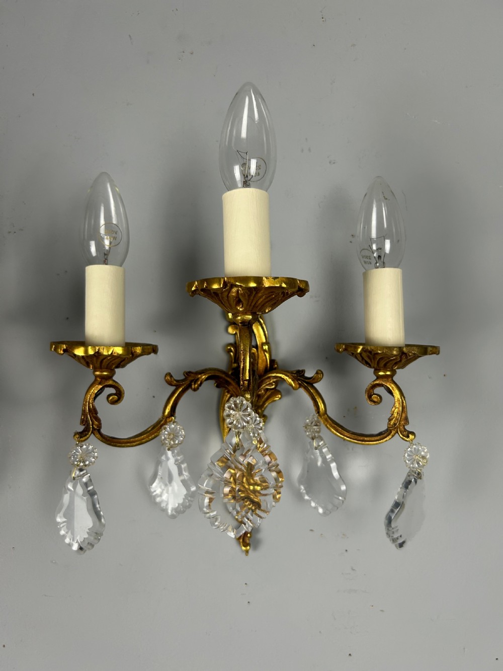 Pair Of French Triple Arm Brass Antique Wall Lights with Crystals  View XI
