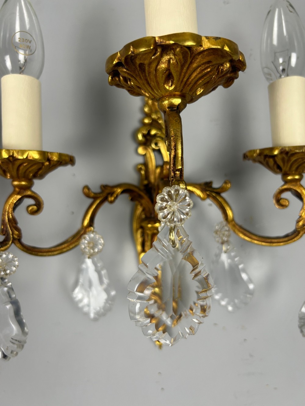 Pair Of French Triple Arm Brass Antique Wall Lights with Crystals  View XII