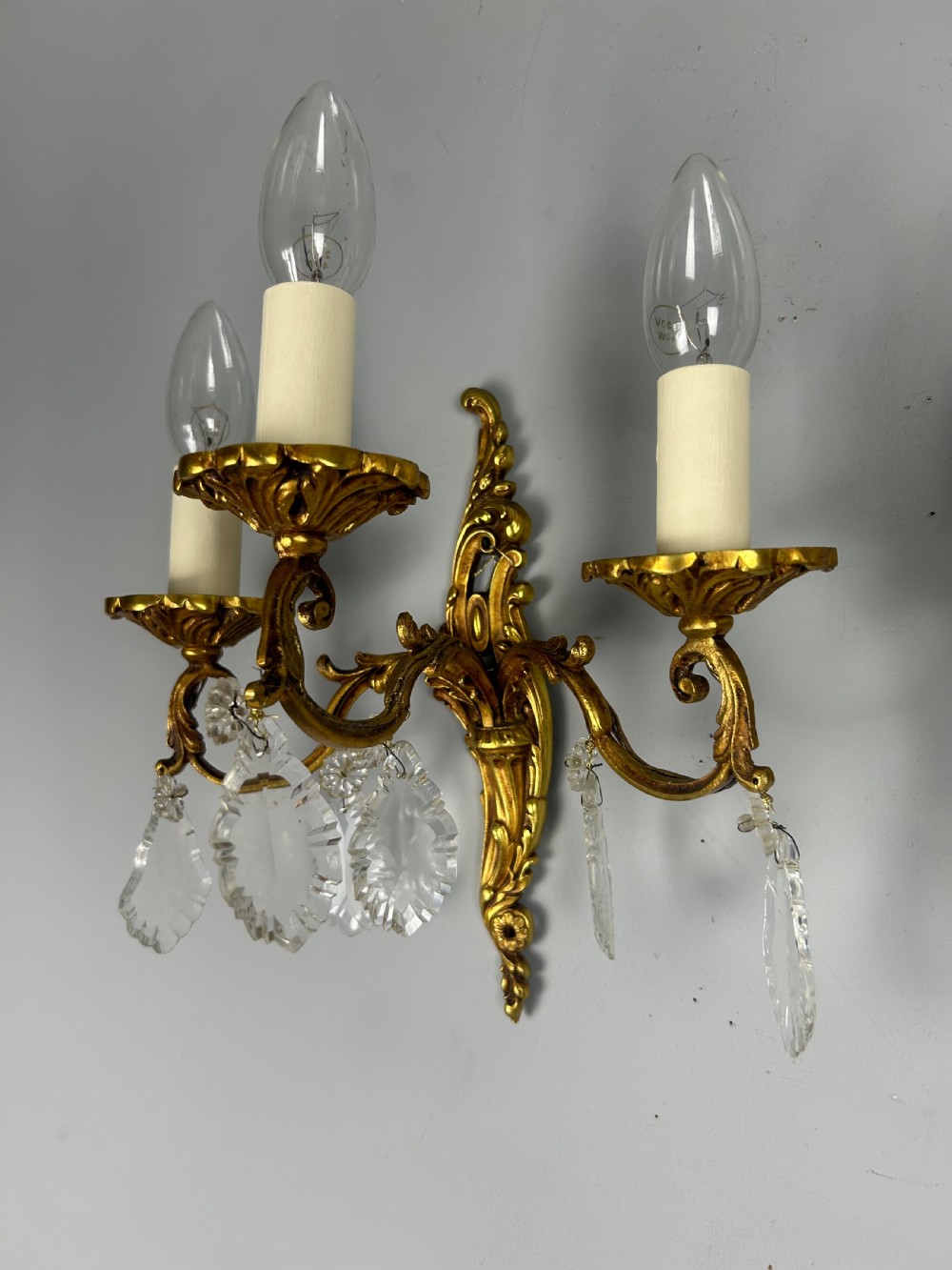Pair Of French Triple Arm Brass Antique Wall Lights with Crystals  View XIII