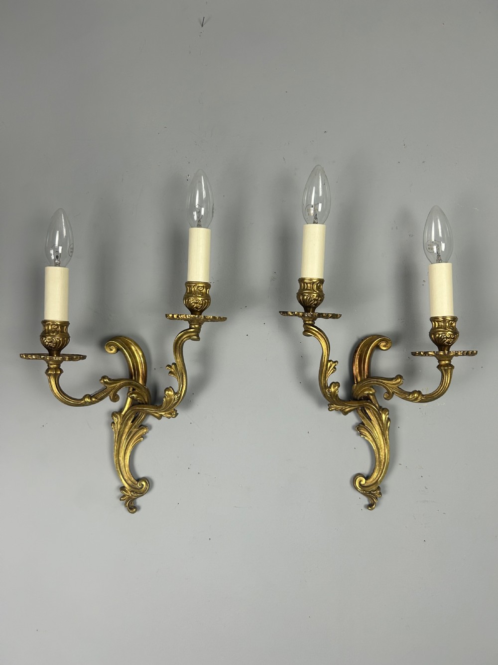 Pair of French Gilded Twin Arm Antique Wall Lights, Rewired & Pat Tested