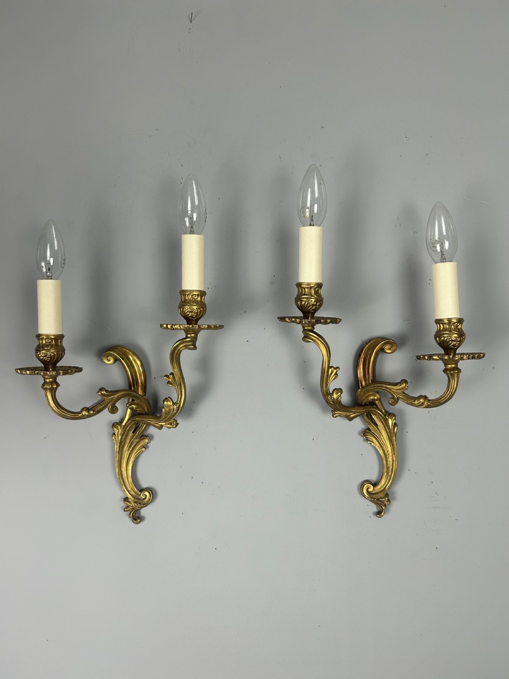Pair of French Gilded Twin Arm Antique Wall Lights, Rewired & Pat Tested View II
