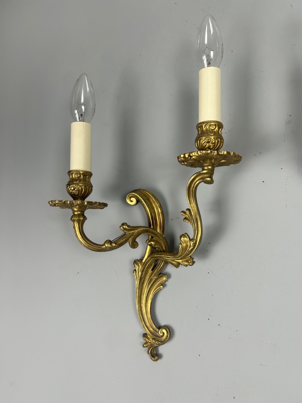 Pair of French Gilded Twin Arm Antique Wall Lights, Rewired & Pat Tested View III