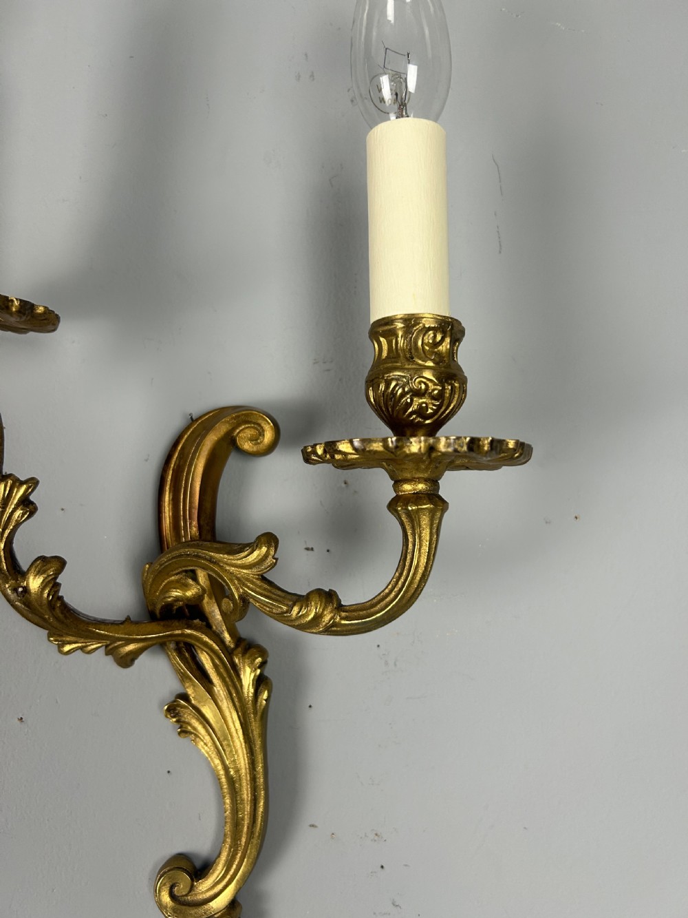 Pair of French Gilded Twin Arm Antique Wall Lights, Rewired & Pat Tested View IV