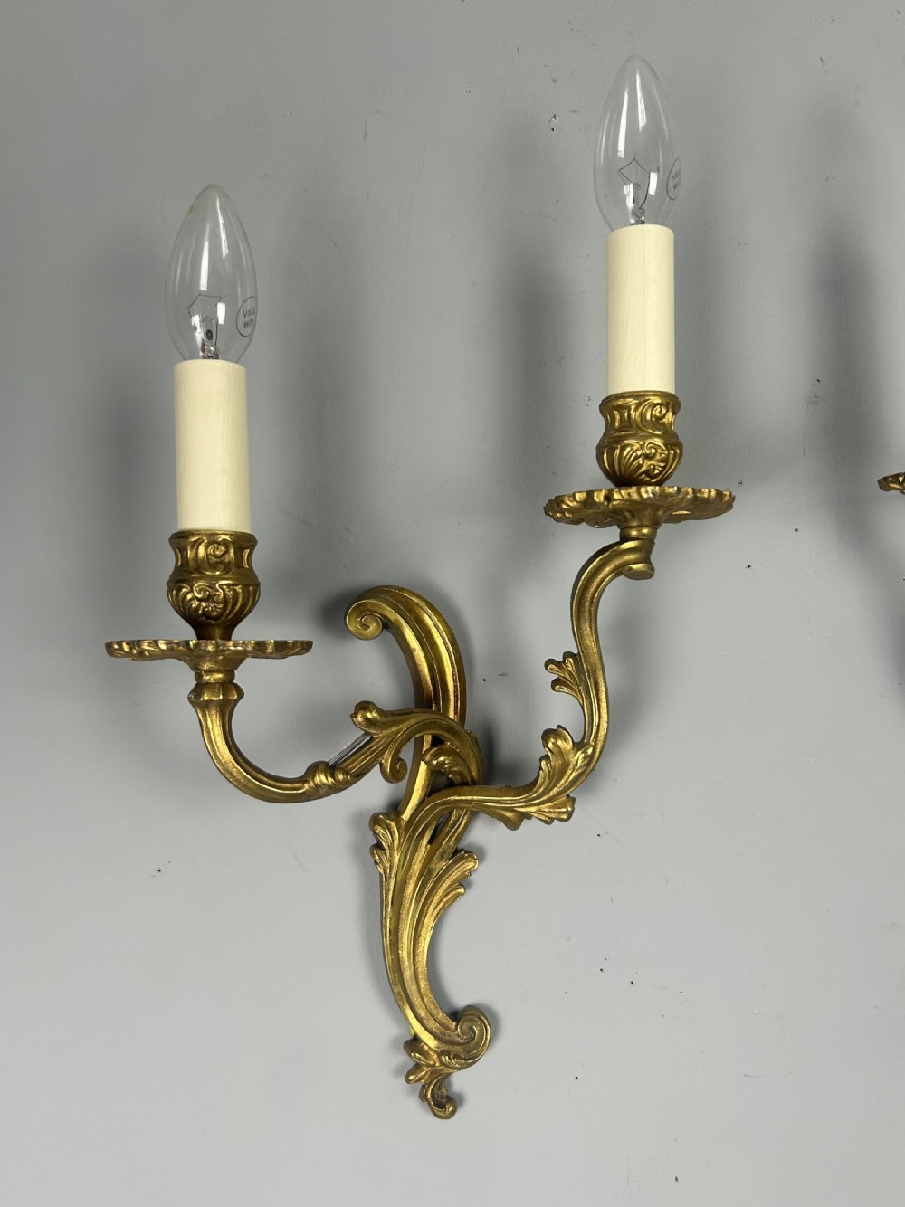 Pair of French Gilded Twin Arm Antique Wall Lights, Rewired & Pat Tested View V