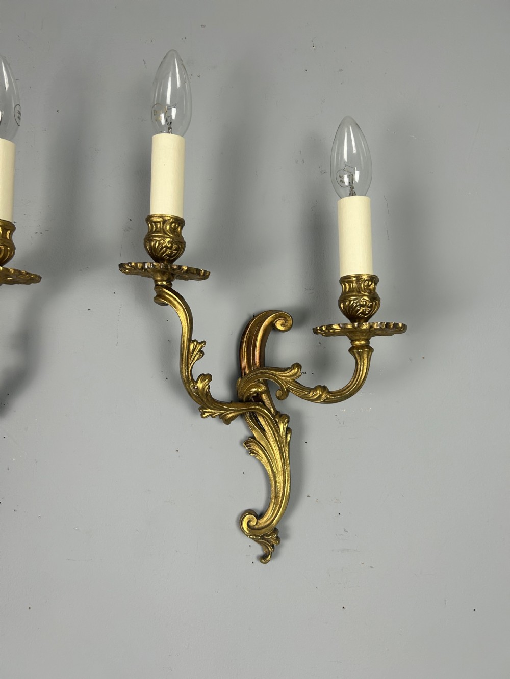 Pair of French Gilded Twin Arm Antique Wall Lights, Rewired & Pat Tested View VI