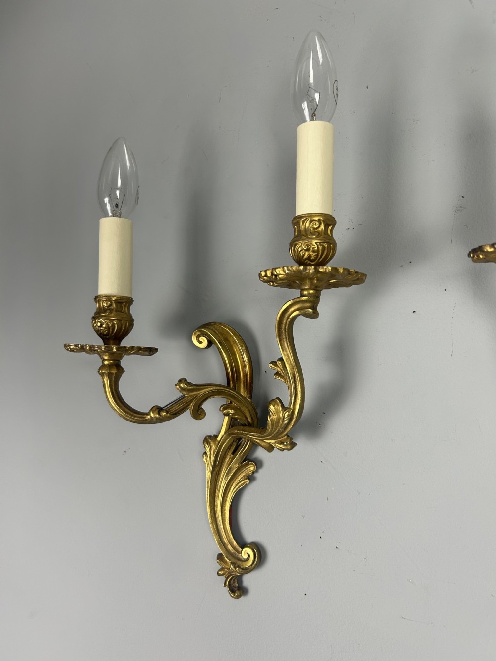 Pair of French Gilded Twin Arm Antique Wall Lights, Rewired & Pat Tested View VIII