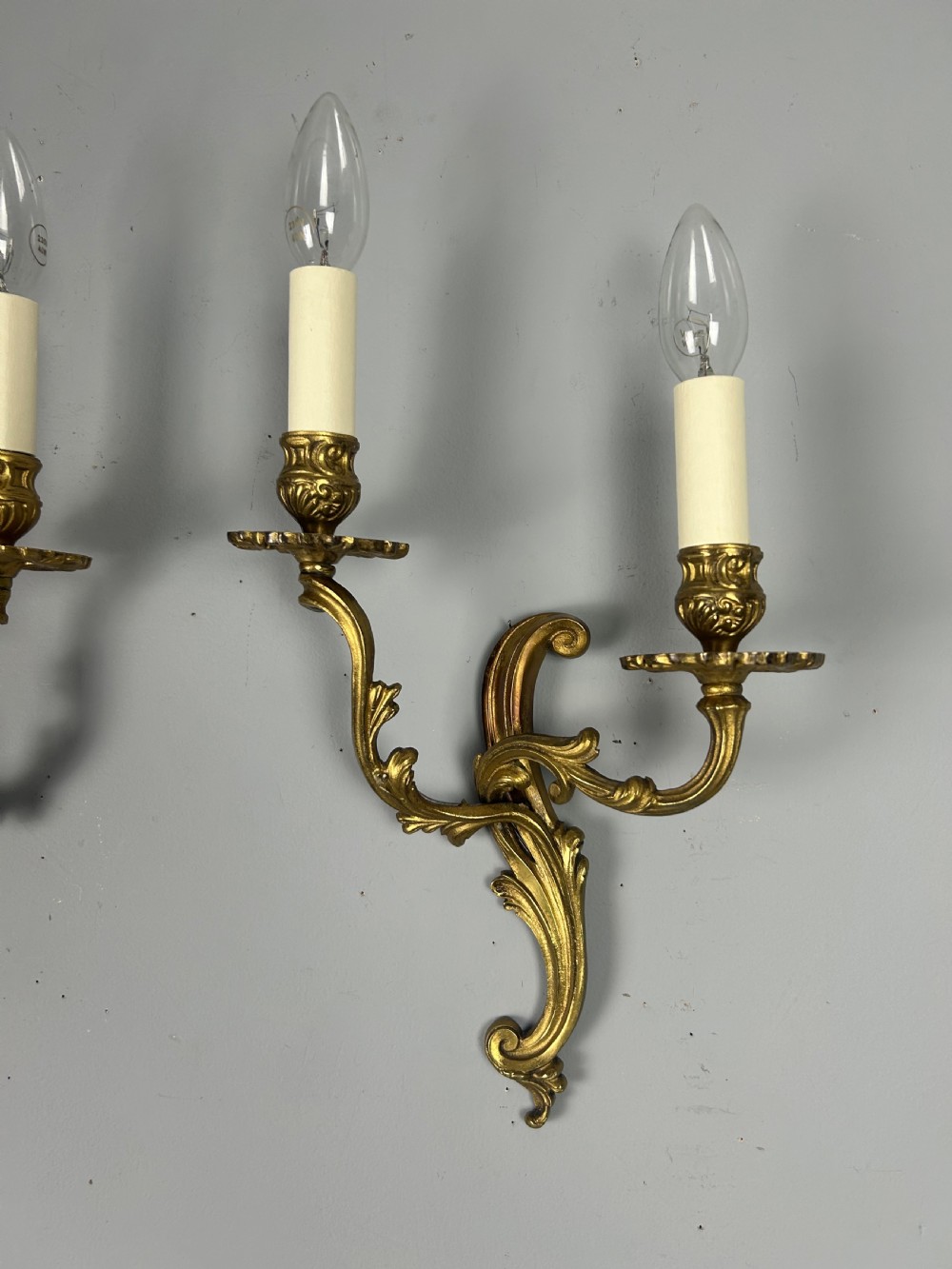 Pair of French Gilded Twin Arm Antique Wall Lights, Rewired & Pat Tested View IX