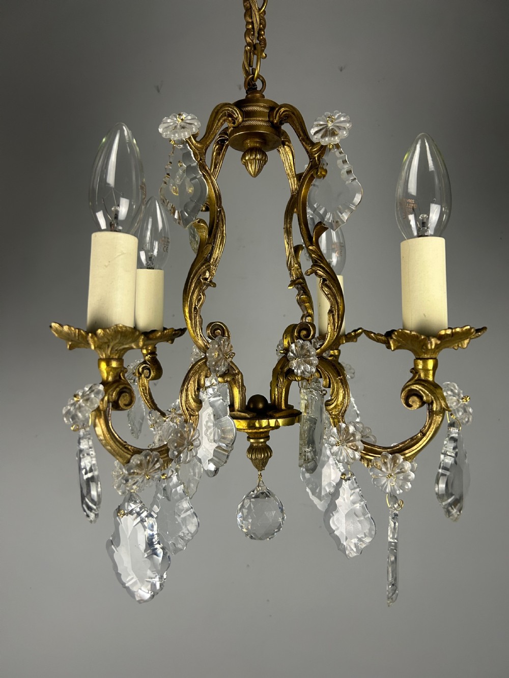 Small French Gilt Brass 4 Light Birdcage Chandelier