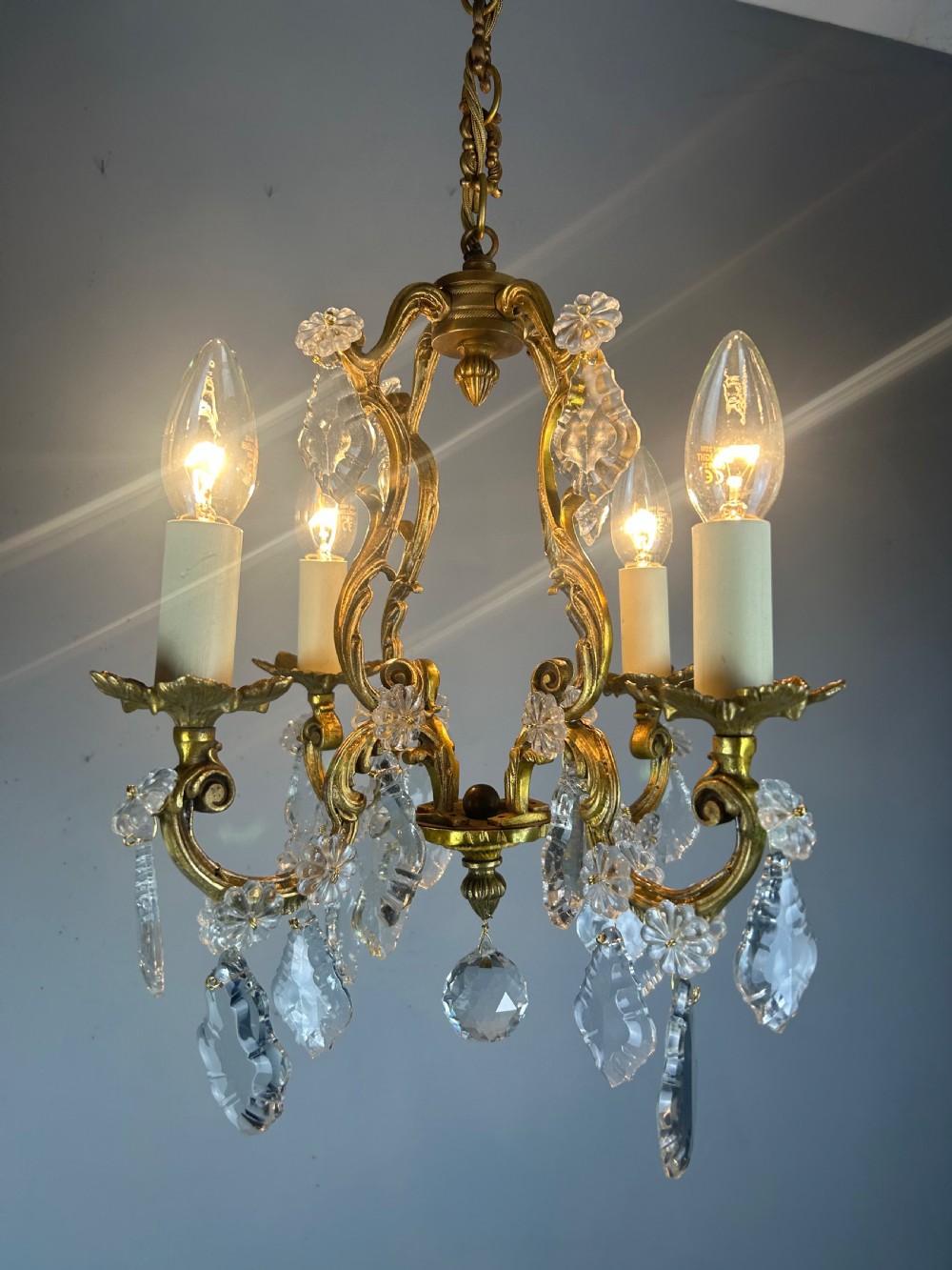 Small French Gilt Brass 4 Light Birdcage Chandelier View II