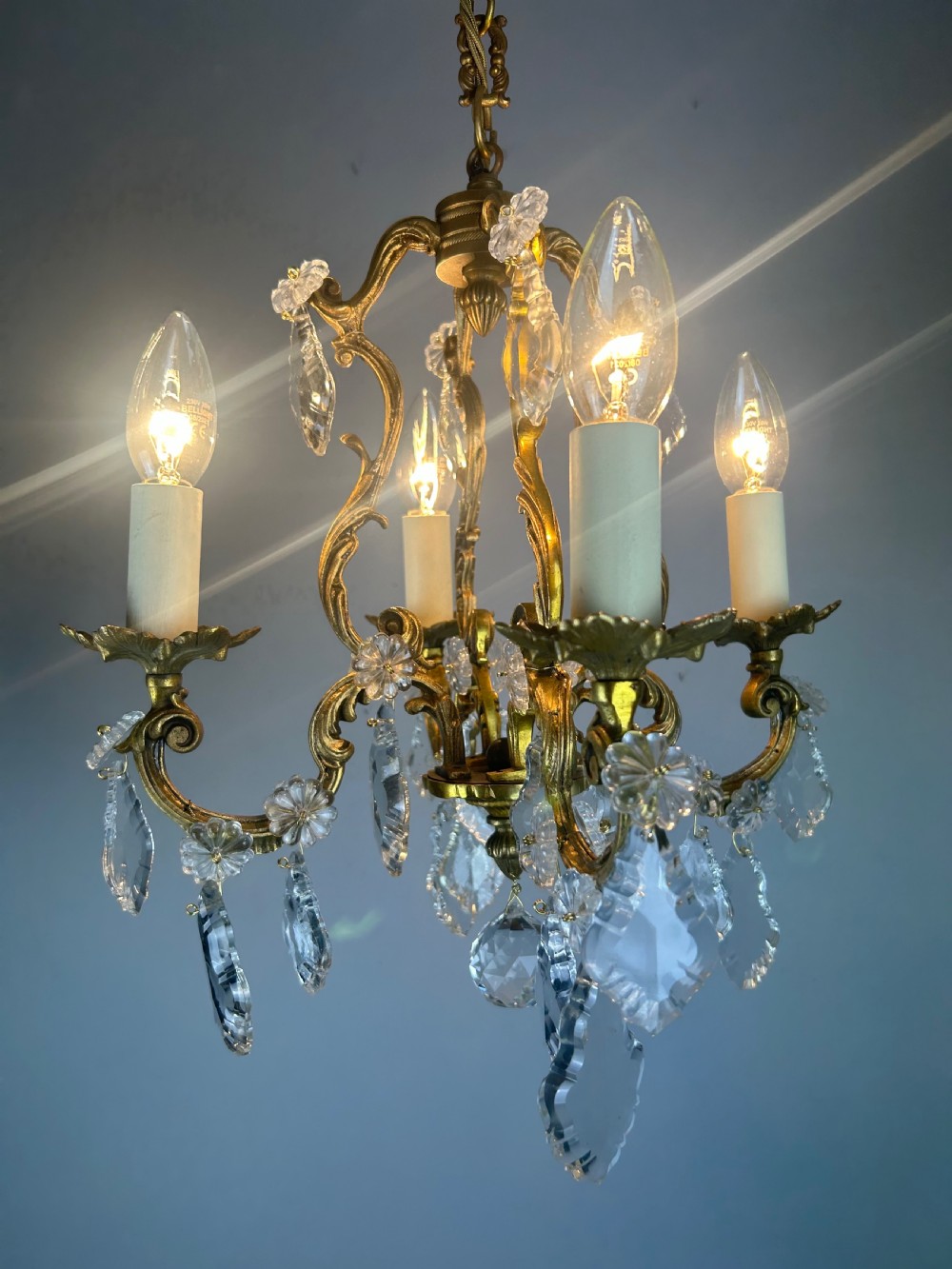 Small French Gilt Brass 4 Light Birdcage Chandelier View III